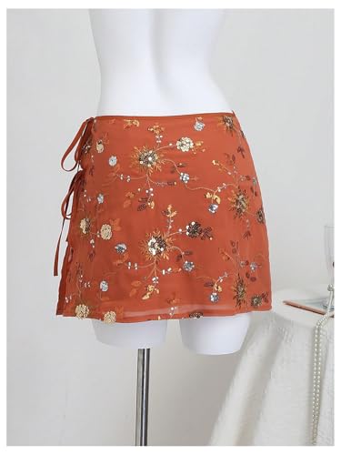 Floerns Women's Summer Floral Sequin Short Skirt Tie Side Low Waist Beach Vacation Skirts2