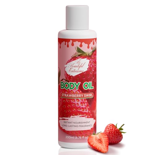 Body oil designed for Deep Hydration to nourish protect and rejuvenate the skin while leaving it with a soft radiant glow and a strawberry scent long -lasting fragrance jojoba oil and more 6.76oz