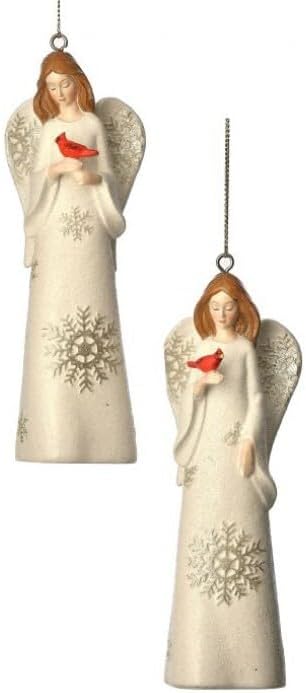 Regency International Resin Angel with Cardinal Ornament Set, 6-Inch, Ivory Champagne, Set of 2