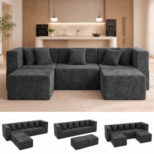 Image of MONVANE 103 inch U-Shaped 5 Seat Modular Sectional Cloud Couch, Grey