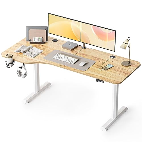 Image of FEZIBO Height Adjustable Electric Standing Desk, 63 x 24 Inches Stand up Table, Sit Stand Home Office Desk with Splice Board, LightRusticbrown