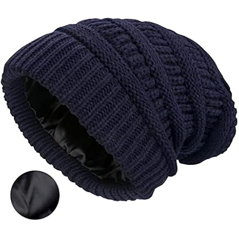 Naivlizer Winter Knit Beanie for Women Satin Lined Cable Thick Chunky Cap Cuff Beanie, Slouchy Navy, L Cover