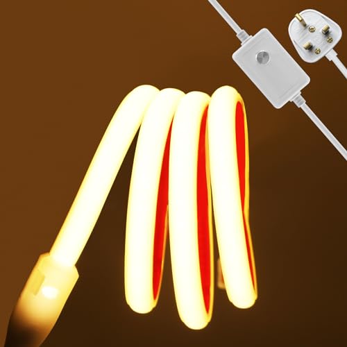 KISUFU Dimmable COB Neon LED Strip 288 LEDs/m, 220V Flexible Light Ribbon,IP65 Waterproof Rope Light,Self-Adhesive Tape for Outside/Indoor Home Decoration UK Plug Supply