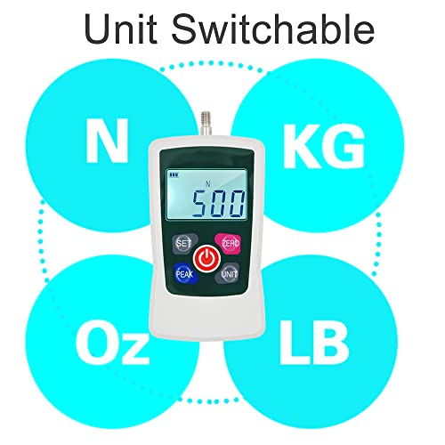 VISLONE Digitales Kraftmessgerät 500 N/ 50 kg/ 110 lb/ 1760 oz Tragbares Push-Pull-Kraftmesser, schaltbares, hintergrundbeleuchtetes Mini-Dynamometer mit 6 Leuchtenköpfen, Aufbewahrungskoffe