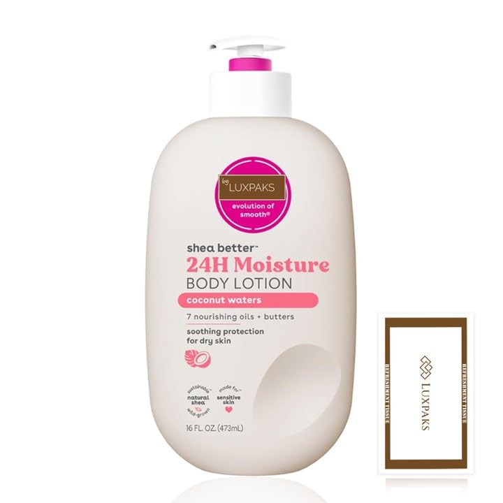 Skincare Set - Contains E.O.S Coconut Waters Body Lotion - Shea Butter Moisturiser for Dry Skin, 24-Hour Hydration with a LUXPAKS Cleansing Wipe