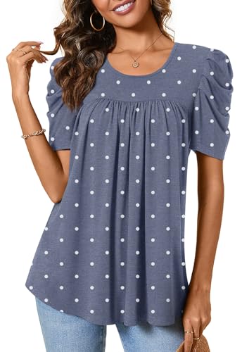 Anydeer Women Tunic Top Summer Short Puff Sleeve Chest Pleated Tshirts Casual Round Neck Blouse Loose Tee