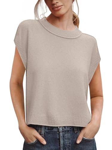 Image of Saodimallsu Womens Cap Sleeve Sweater Vest Crew Neck Casual Lightweight Knit Summer Short Sweaters Pullover Tank Tops Khaki