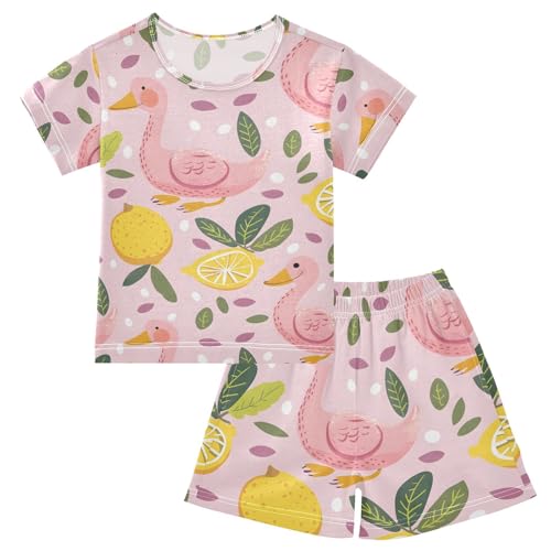 ALAZA Cartoon Duck Lemon Leaves Pajamas Short Sleeve 2 Piece Sleepwear Top and Bottom Pajama Set Unisex