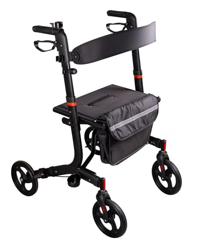 RIDDER Andador "Black Comfort" | Carro plegable con asas de altura ajustable, asiento ancho y correa de respaldo. Andador con bolsa de la compra extraíble y soporte para bastón. Soporta hasta 136 kg