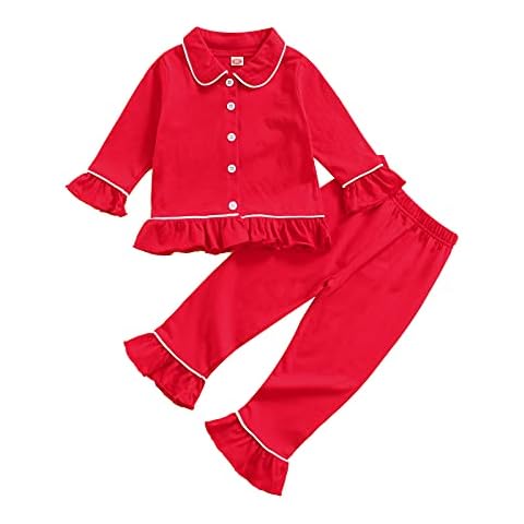 Kids Baby Boy Girl Cotton Pajamas Set PJS Long Sleeve Button Down Sleepwear 2 Piece Tops Pants Nightwear Homewear (Red-4, 2-3 Years) Cover