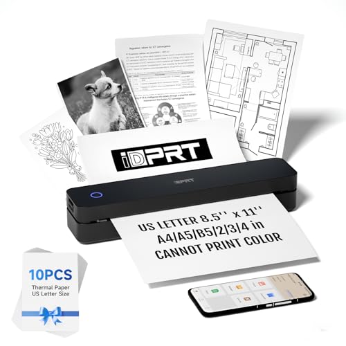 iDPRT Portable Printer Wireless for Travel - Bluetooth Mobile Printer Support for 8.5'x11' US Letter, Inkless Compatible with iOS, Android, Laptop for Office, Car and Home (pro, Black)