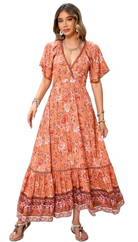 Image of R.Vivimos Women's Summer V Neck Maxi Dress Boho Floral Print Short Sleeve Elastic Waist Ruffle Patchwork A-Line Beach Dress