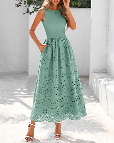 Image of dowerme Women Summer Dresses 2026 Casual Sleeveless Crewneck A-Line Boho Lace Eyelet Cotton Tank Maxi Dress with Pockets