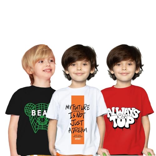 Image of Yazh Texworld Boys Round Neck Blended Cotton T-Shirts | Regular Fit | Half Sleeve | Casual Wear | Trendy | Combo Pack of 3 | Multicolor | Soft, Durable, and Stylish for Everyday use