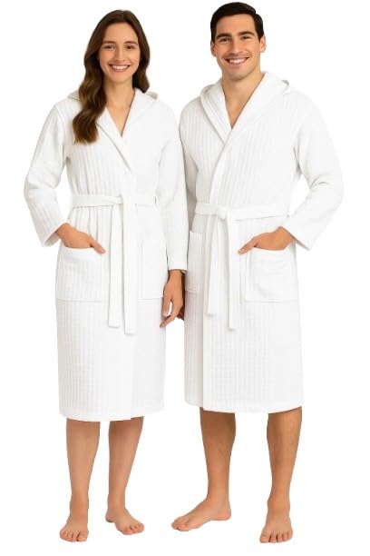Corredocasa Accappatoio Unisex Uomo/Donna Modello in Nido dApe - Cappuccio e Cintura - 100% Cotone - Super Assorbenza Tinta Unita Antiumidità (BIANCO, S)