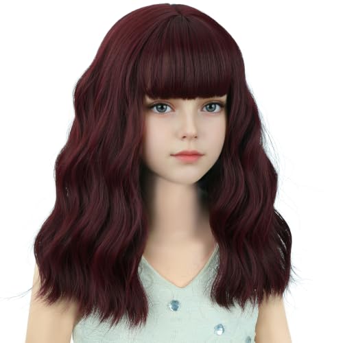 Image of Deep Red Wig Short Red Wavy Curly Wigs Wig with Air Bangs Synthetic Cosplay Hair Wigs