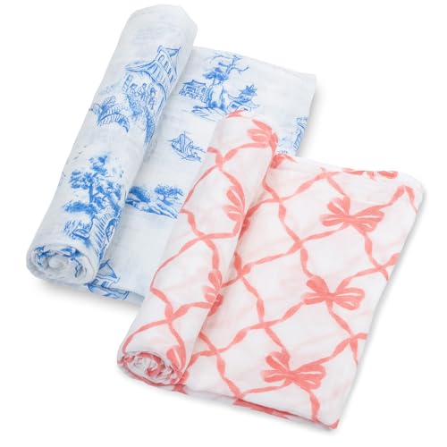 Image of LollyBanks Muslin Swaddle Blankets 2PACK, 100% Cotton Baby Blanket 47 x 47 Inches, Large Baby Swaddle Breathable, Muslin Blankets for Girls (Pink Bow and Chinoiserie Print)