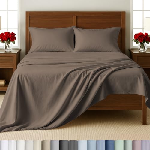 Image of California Design Den Twin Bed Sheets Set - 500 Thread Count Sateen, 100% Cotton, Warm Taupe Twin Sheet Set, Deep Pocket Bedding with All Around Elastic for a Snug Fit - Mushroom Brown