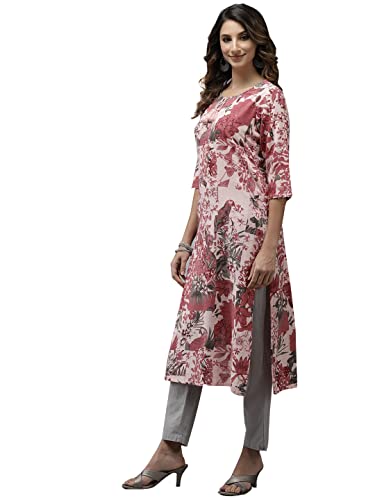 Image of ishin Women's Pure Cotton Off White Embroidered A-Line Kurta