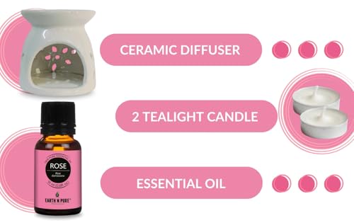 Image of Earth N Pure Ceramic Diffuser Burner with 10Ml Rose Essential Oil | 2 Tea Light Candles | Perfect for Gift Set