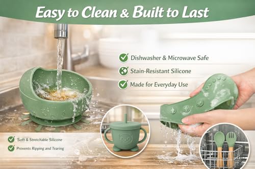 Image of SJC Global - 6 PCS (Green) Silicone Toddler Adjustable Tableware Set | Suction Bowl, Plate, Spoon, Fork, Bib & Cup for Babies | Silicone Baby Feeding Kit for Infants | BPA Free Food Grade