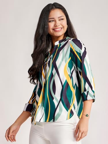 Image of FableStreet Women Shirt Work & Casual | Relaxed Fit Mandarin V-Neck Three-Quarter Sleeves Solid Pattern | Breathable Woven Fabric for Office & Everyday Wear