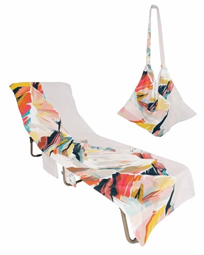 Grey Mountain Beach Lounge Chair Towel Cover, Soft Chaise Lounge Towel with Side Pockets Patio Pool Chairs Cover for Beach/Pool Sunbathing 29x85 Abstract Oraital Watercolor Orange Yellow