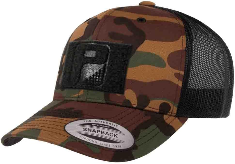 Tactical Hat | Authentic Snapback Camo Trucker Curved Bill Cap | 2x3 inch Hook & Loop Surface to Attach Morale Patches | (Vintage Camo and Black)