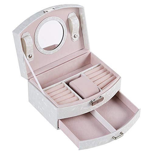 Preisvergleich Produktbild Schmuckkästchen Jewelry Box Schmuckkasten Mädchen Damen Schmuckaufbewahrung Schubladeneinsatz Schmuckschatulle Schmuckbox Jewellery Case Schmucketui Schmuckkiste Schmuck Aufbewahrungsbox Leder (Weiß)