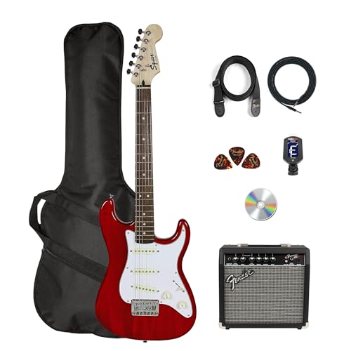 Fender Squier 24-Inch Short Scale Strat Pack - Transparent Red Bundle with Frontman 10G Amplifier, Tuner, Instrument Cable, Strap, Picks, Online Lessons, and Austin Bazaar Instructional DVD