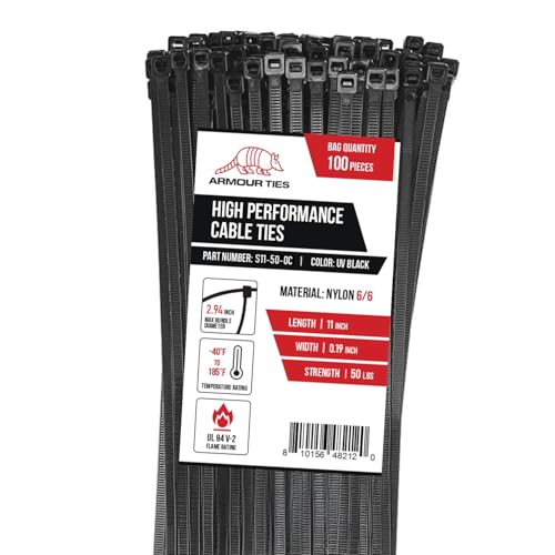 11-inch Black Zip Ties Heavy Duty UV Resistant Nylon Cable Ties 50lb Tensile Strength 100-Pack - Durable Wire Ties Heavy Duty Tie Straps Indoor and Outdoor Cable Management Solution by ARMOUR TIES