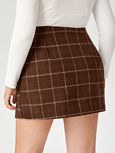 Makemechic Women's Plus Size Plaid Print Button Wrap Wool Mini Skirt Brown 3Xl #TOP1