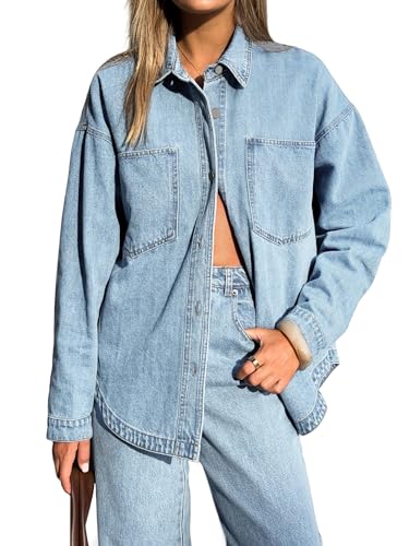 EMMIOL Women Denim Shirts Oversized Long Sleeve Button Down Blouse