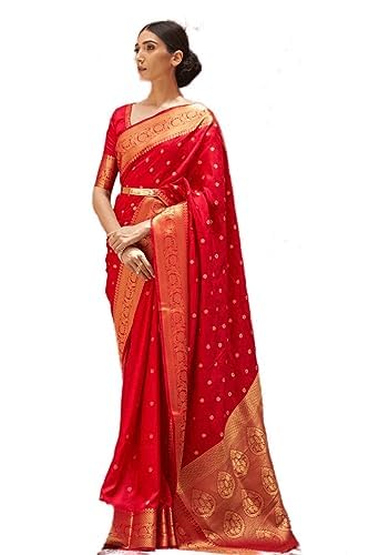 SWORNOF Women's Banarasi Patola Silk Blend Saree With Blouse Piece, Red