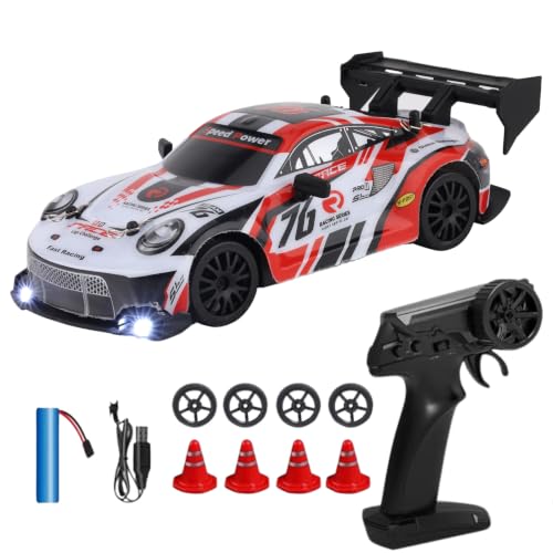 RIZAMZ RC Drift Car 4WD Remote Control Racing Car with Replaceable Drift Tyres, Neon Lights, Rechargeable, with 4 Cones, Gift for Boys and Girls (White Porsche)