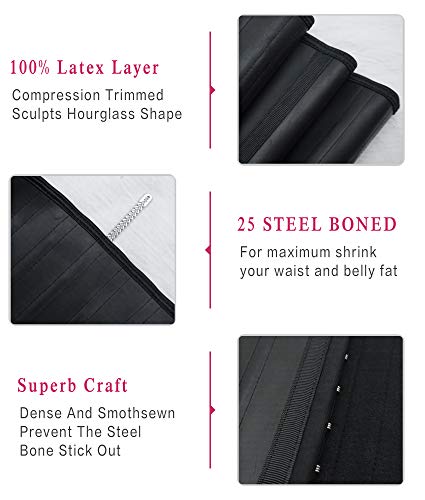 Yianna Waist Trainer For Women Latex Underbust Waist Corsets Cincher Hourglass Body Shaper 4 Hooks, (Size M, Black) #TOP2