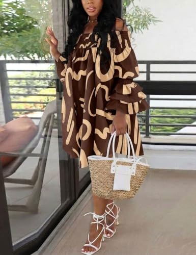 Image of WOKANSE Women's Casual Plus Size Shirred Dresses Off Shoulder Bell Sleeves Ruffle Loose Stretchy Neck Midi Dress