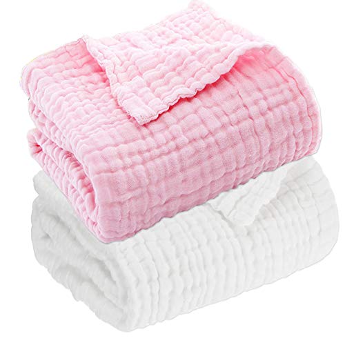 Image of Aablexema Muslin Baby Blanket Set of 2, 6-Layers 43 x 43 Inches Baby Bath Towel Swaddle Wrap Blankets for Newborn Girls(White & Pink)