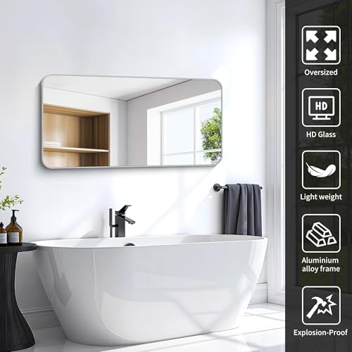 Image of 48x24 Inch Silver Bathroom Mirror, Metal Framed Silver Rectangle Mirror, Rounded Rectangular Vanity Mirror, Wall Mounted Mirrors for Living Room Bedroom Entryway Hangs Horizontal or Vertical