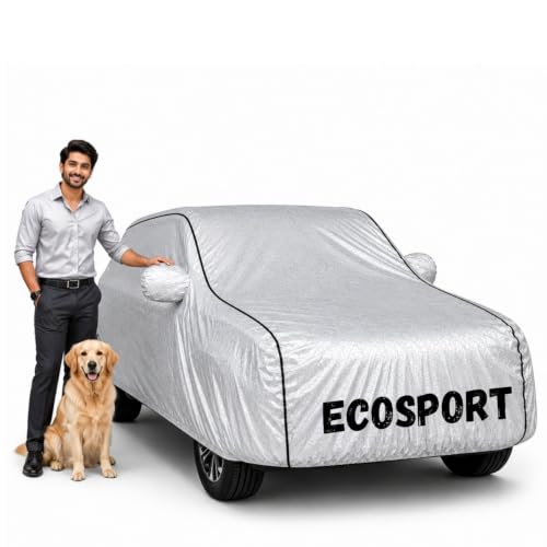 Image of Waterproof Car Cover for Ecosport | Soft Cotton Lining Heavy Duty Triple Stitched Heat Resistant Outdoor Cover Comes with Mirror and Antenna Pocket Full Bottom Elastic (Zig Zag Silver)