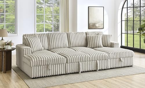 RENDGO 122' Oversized Corduroy Sectional Sleeper Sofa with Pull Out Bed and Double Storage Chaise, Gifts for Men Women,U Shaped 6 Seat Sectional Sofa Bed Couch, Khaki