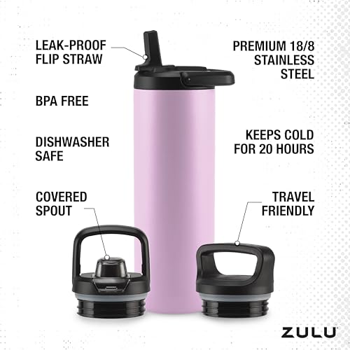 Image of ZULU Base 24oz Stainless Steel Water Bottle with 3 Lids- Straw, Chug, Twist | Double Walled and Vacuum Insulated Metal Thermos | Fits Car Cupholder, Built in Carry Loop, Dishwasher Safe, Pink