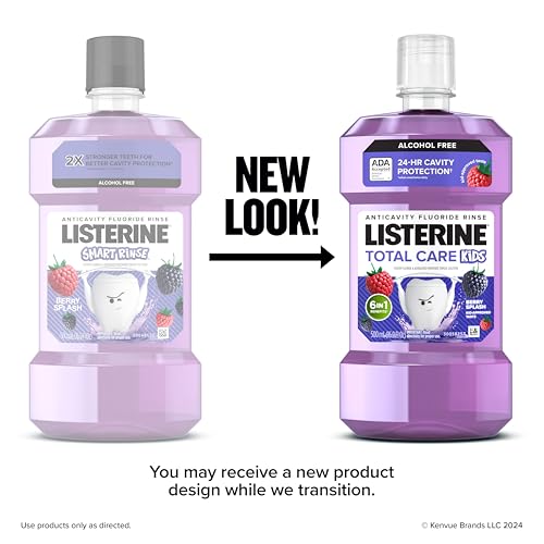 Image of Listerine Total Care Kids Mouthwash, ADA Accepted, Alcohol-Free Anticavity Sodium Fluoride Mouthwash, Oral Rinse for Cavity Protection, Berry Splash Flavor for Kids Oral Care, 16.9 Oz, 6-Pack