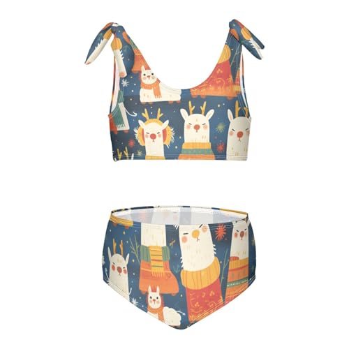 KLL Christmas Llamas Pattern Girls' Two Piece Bikini Set Beach Swimsuits Swimming Suits Cute Shoulder Strap