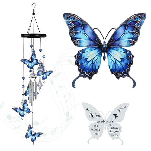 YU FENG Butterfly Memorial Wind Chime with Crystal Suncatcher 27 Inch Outdoor Wind Chimes for Garden Blue Butterfly Sympathy Gift for Loss of Loved One Remembrance Decor for Yard Patio Mom