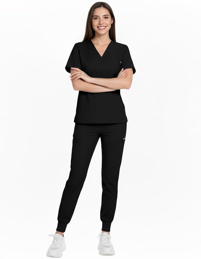 Meichoon Scrub Suit Set Solid Color Short Sleeve V Neck Top 1 Pocket Jogger Pants Adjustable Waist Medical Uniform DK87