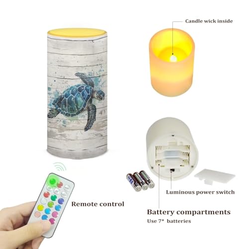 Image of Poceacles Sea Turtle LED Flameless Candles Battery Operated with Remote Timer Realistic Electric Candle Pillar Lights Color Changing for Home Indoor Outdoor Decor, Sea Turtle White Wood Grain