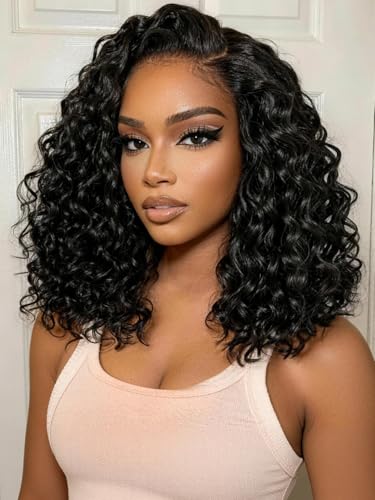 Image of KLAIYI Bye Bye Slip Bob Water Wave Precut 6x4Lace Front Wigs Human Hair 220%Density Side Part Drawstring Curly Glueless Pre Plucked Bleached Knots 3S Ready to Wear and Go Wig Beginner Friendly 14Inch