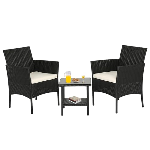 FDW Wicker Outdoor Furniture Patio Furniture Set of 3 Rattan Patio Chairs Outdoor Chairs Patio Conversation Set with Coffee Table for Yard Backyard Lawn Porch Poolside Balcony,Black