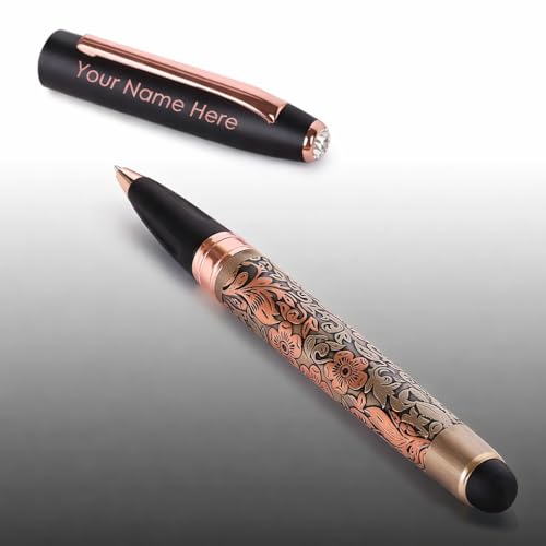 Image of Personalized Metal Ball Pen | Custom Name Engraved Signature Pen | Premium Floral Pattern Design | Smooth Blue Ink Ballpoint Pen | Elegant Rose Gold & Black Finish | Stylish Executive Writing Pen